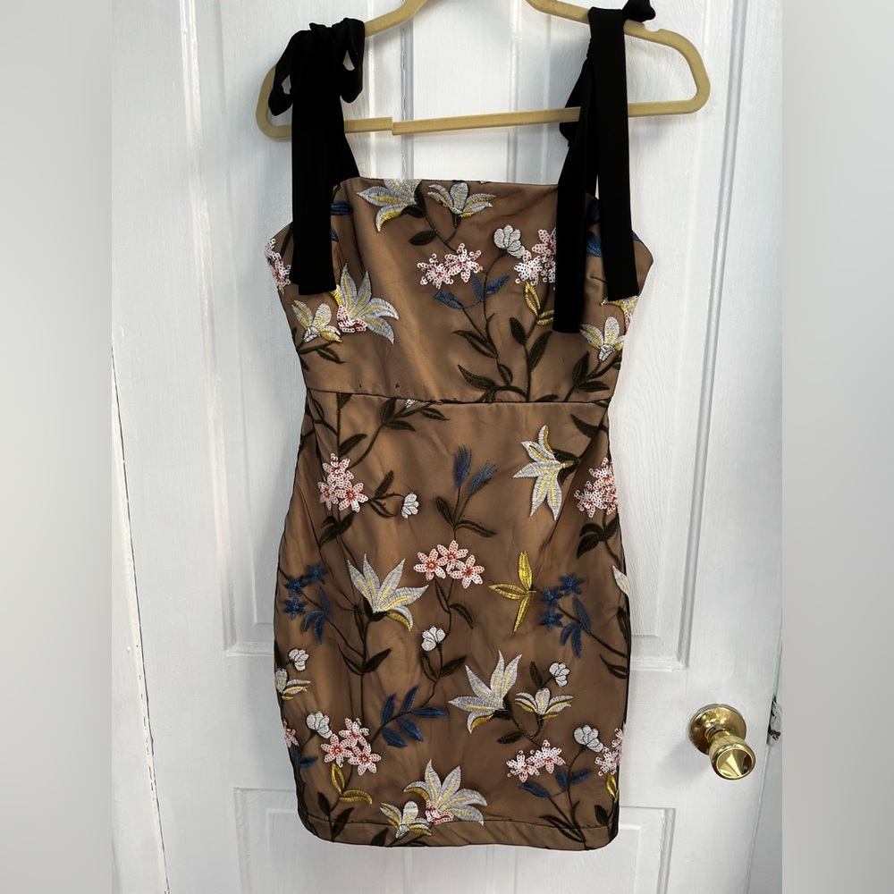 Embroidered mini dress with tie shoulder